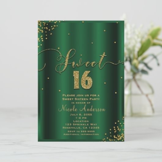 SWEET 16 Sixteen Emerald & Gold Confetti Corners Kaart (Staand voorkant)