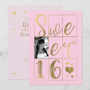 SWEET 16 SIXTEEN Gold & Blush Pink Hearts Photo Kaart