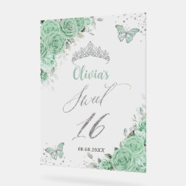 Sweet 16 Sixteen Mint Groen Bloemen Zilver Welkom Acryl Bord