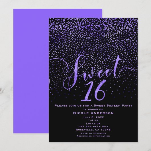 SWEET 16 Sixteen Modern Confetti Paarse & zwart Kaart (Voorkant / Achterkant)