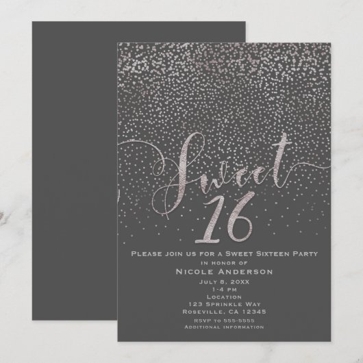 SWEET 16 Sixteen Modern Silver Grey Confetti Kaart (Voorkant / Achterkant)
