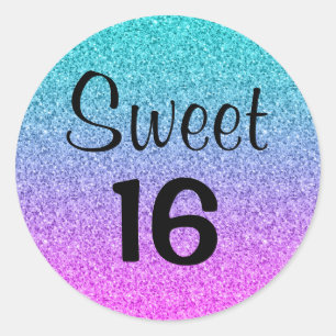 Sweet 16 Sixteen Ombre Pink Blue Paars Glitter Ronde Sticker