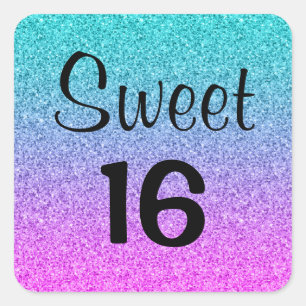Sweet 16 Sixteen Ombre Pink Blue Paars Glitter Vierkante Sticker