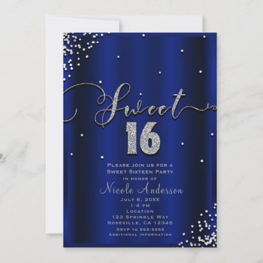 SWEET 16 Sixteen Royal Blue Silver Confetti Corner Kaart (Voorkant)