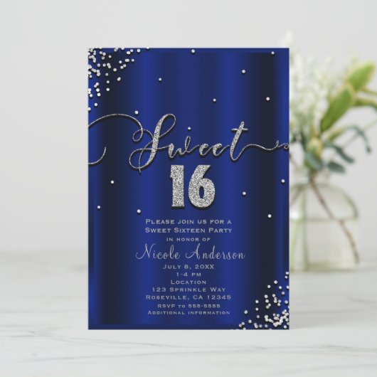 SWEET 16 Sixteen Royal Blue Silver Confetti Corner Kaart (Staand voorkant)