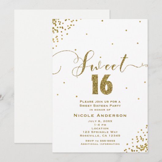 SWEET 16 Sixteen White & Gold Confetti Corners Kaart (Voorkant / Achterkant)