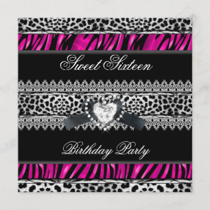 Sweet 16 Sixteen Zebra Leopard Pink Black Diamond Kaart