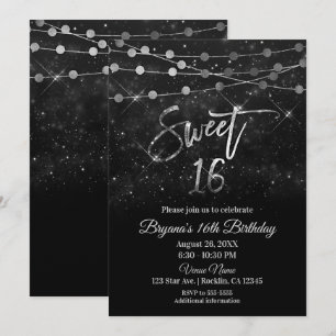 Sweet 16 Sixteen Zwart & Zilver Glitter Lichtjes Kaart