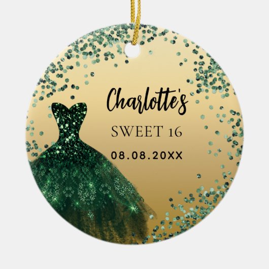 Sweet 16 smaragdgroene gouden jurk keramisch ornament (Voorkant)