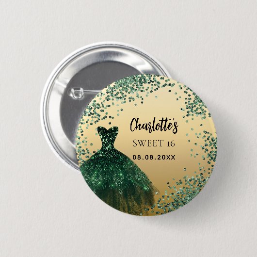 Sweet 16 smaragdgroene gouden jurk ronde button 5,7 cm (Voorkant /achterkant)