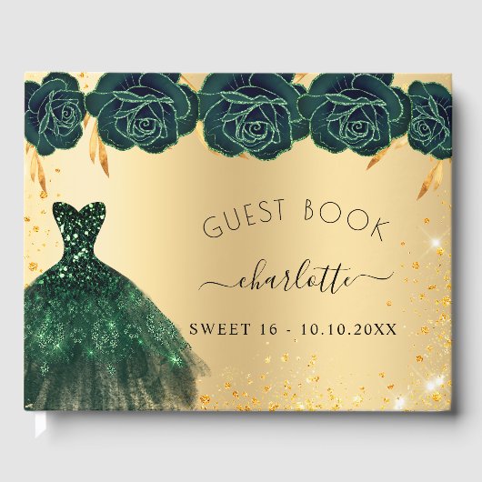Sweet 16 smaragdgroene gouden sierbloemen gastenboek (Voorkant)