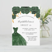Sweet 16 smaragdgroene goudjurk bloemen kaart (Staand voorkant)