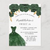 Sweet 16 smaragdgroene goudjurk bloemen uitnodiging briefkaart (Voorkant)