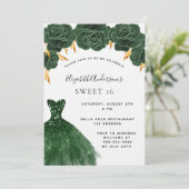 Sweet 16 smaragdgroene goudjurk bloemluxe kaart (Staand voorkant)