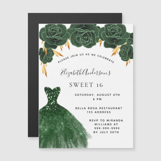 Sweet 16 smaragdgroene goudjurk bloemluxe magnetische uitnodiging (Voorkant / Achterkant)