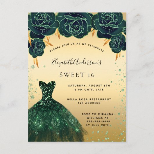 Sweet 16 smaragdgroene goudjurk briefkaart (Voorkant)