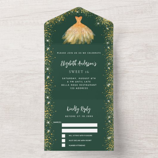 Sweet 16 smaragdgroene goudjurk glitter RSVP All In One Uitnodiging (Binnen)