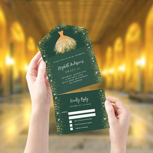 Sweet 16 smaragdgroene goudjurk glitter RSVP All In One Uitnodiging