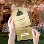 Sweet 16 smaragdgroene goudjurk glitter RSVP All In One Uitnodiging<br><div class="desc">Een faux gouden achtergrond met groene faux glitter,  sparkles en een groene jurk voor smaragdgroen. Personaliseer en voeg jouw naam,  en de details toe.</div>