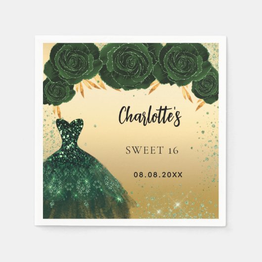 Sweet 16 smaragdgroene jurk bloemen gouden feest servet (Voorkant)