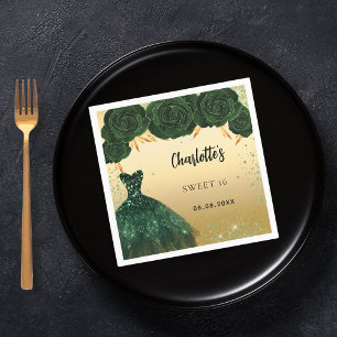 Sweet 16 smaragdgroene jurk bloemen gouden feest servet