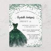 Sweet 16 smaragdgroene jurk glitter glamoureus uitnodiging briefkaart (Voorkant)