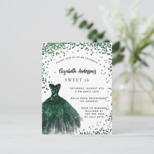 Sweet 16 smaragdgroene jurk glitter glamoureus uitnodiging briefkaart (Staand voorkant)