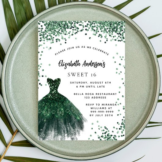 Sweet 16 smaragdgroene jurk glitter luxe kaart