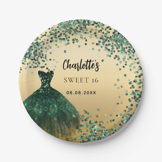 Sweet 16 smaragdgroene jurk goud papieren bordje (Voorkant)