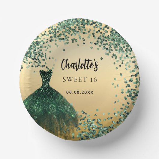 Sweet 16 smaragdgroene jurk goud papieren kommen (Voorkant)