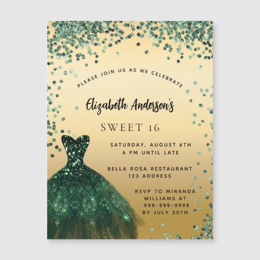 Sweet 16 smaragdgroene jurk luxe party magnetische uitnodiging (Voorkant)