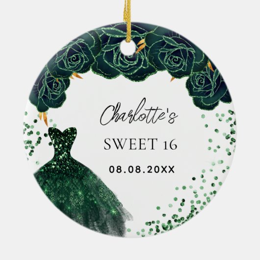 Sweet 16 smaragdgroene jurk wit keramisch ornament (Achterkant)