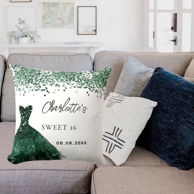 Sweet 16 smaragdgroene jurk witte naam kussen (Creator heeft geüpload)