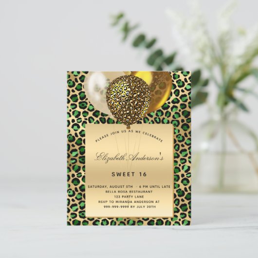 Sweet 16 smaragdgroene luipaard ballon uitnodiging (Staand voorkant)