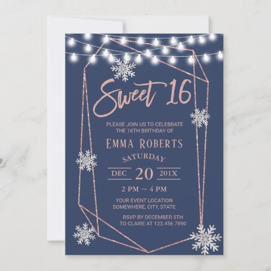 Sweet 16 Snowflakes Geometrische Roos Gold Navy Bl Kaart (Voorkant)
