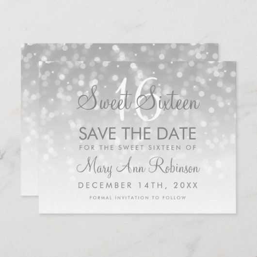 Sweet 16 Sparkle Lights, datum Silver Bokeh Save The Date (Voorkant / Achterkant)