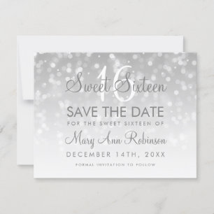 Sweet 16 Sparkle Lights, datum Silver Bokeh Save The Date