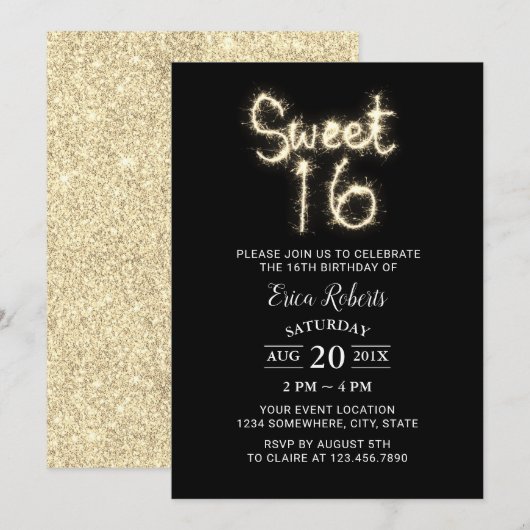 Sweet 16 Sparkler Modern Gold Glitter Birthday Kaart (Voorkant / Achterkant)