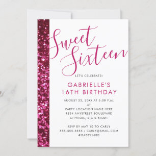 Sweet 16 Sparkly Hot Pink Glitter Glam Chic Aankondiging