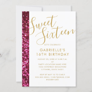 Sweet 16 Sparkly Hot Pink Glitter & Gold Glam Chic Aankondiging