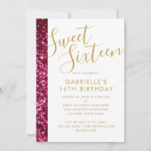 Sweet 16 Sparkly Hot Pink Glitter & Gold Glam Chic Aankondiging (Voorkant)