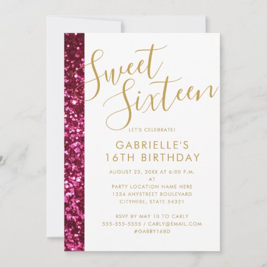 Sweet 16 Sparkly Hot Pink Glitter & Gold Glam Chic Aankondiging (Voorkant)