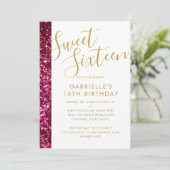 Sweet 16 Sparkly Hot Pink Glitter & Gold Glam Chic Aankondiging (Staand voorkant)