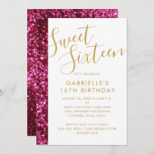 Sweet 16 Sparkly Hot Pink Glitter & Gold Glam Chic Aankondiging (Voorkant / Achterkant)