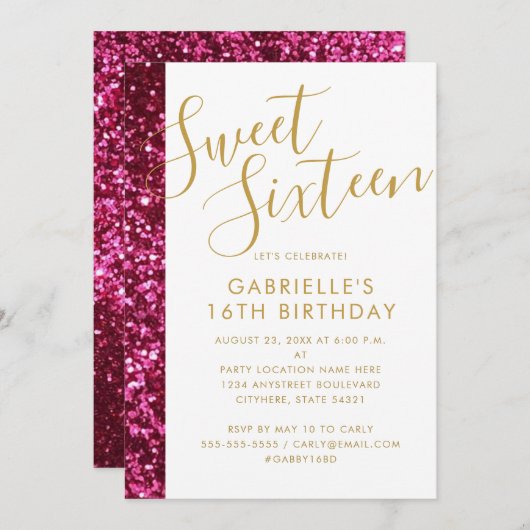 Sweet 16 Sparkly Hot Pink Glitter & Gold Glam Chic Aankondiging (Voorkant / Achterkant)