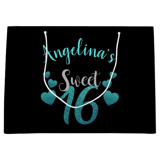 Sweet 16 Speciaal Turquoise Glitter Script Groot Cadeauzakje (Voorkant)