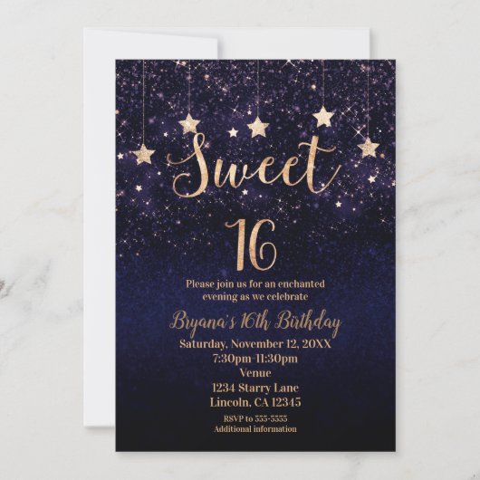 Sweet 16 Sterrennacht Gold Paars Sparkle Party Kaart (Voorkant)