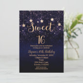 Sweet 16 Sterrennacht Gold Paars Sparkle Party Kaart (Staand voorkant)