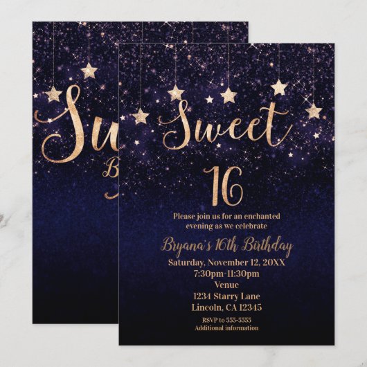Sweet 16 Sterrennacht Gold Paars Sparkle Party Kaart (Voorkant / Achterkant)