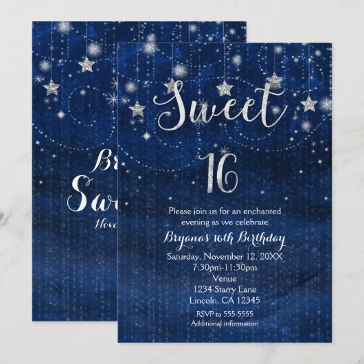 Sweet 16 Sterrennacht Silver & Blue Invitation Kaart (Voorkant / Achterkant)